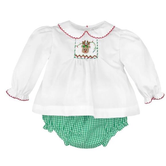 Petit Ami Christmas Santa Smocked Girls Green Check Diaper Set 3 Months $50 NWT - Picture 1 of 9